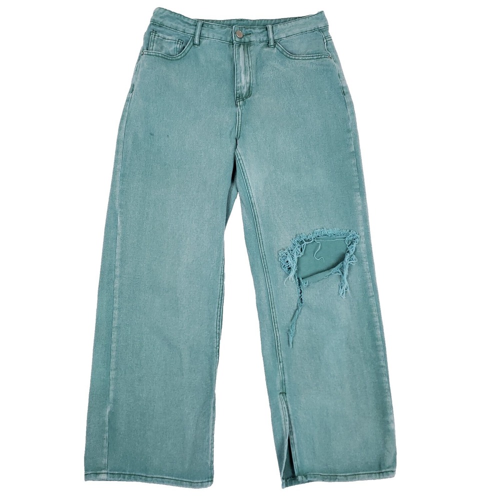 Shein Distressed Wide Leg Jeans L‎ Green High Waist Ripped Kneel Baggy Skater